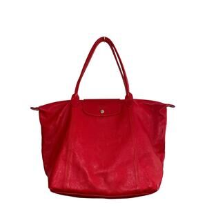LONGCHAMP Leather Tote Le Pliage Vibrant Red Long Handles Shoulder Bag FRANCE